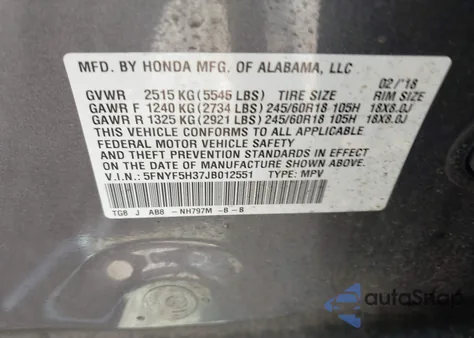 2018 Honda Pilot Ex from USA, damaged, VIN 5FNYF5H37JB012551